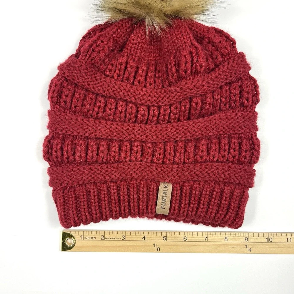 FURTALK Womens Winter Knitted Beanie Hat Faux Fur Pom Red Chunky‎ Ski Snowbunny